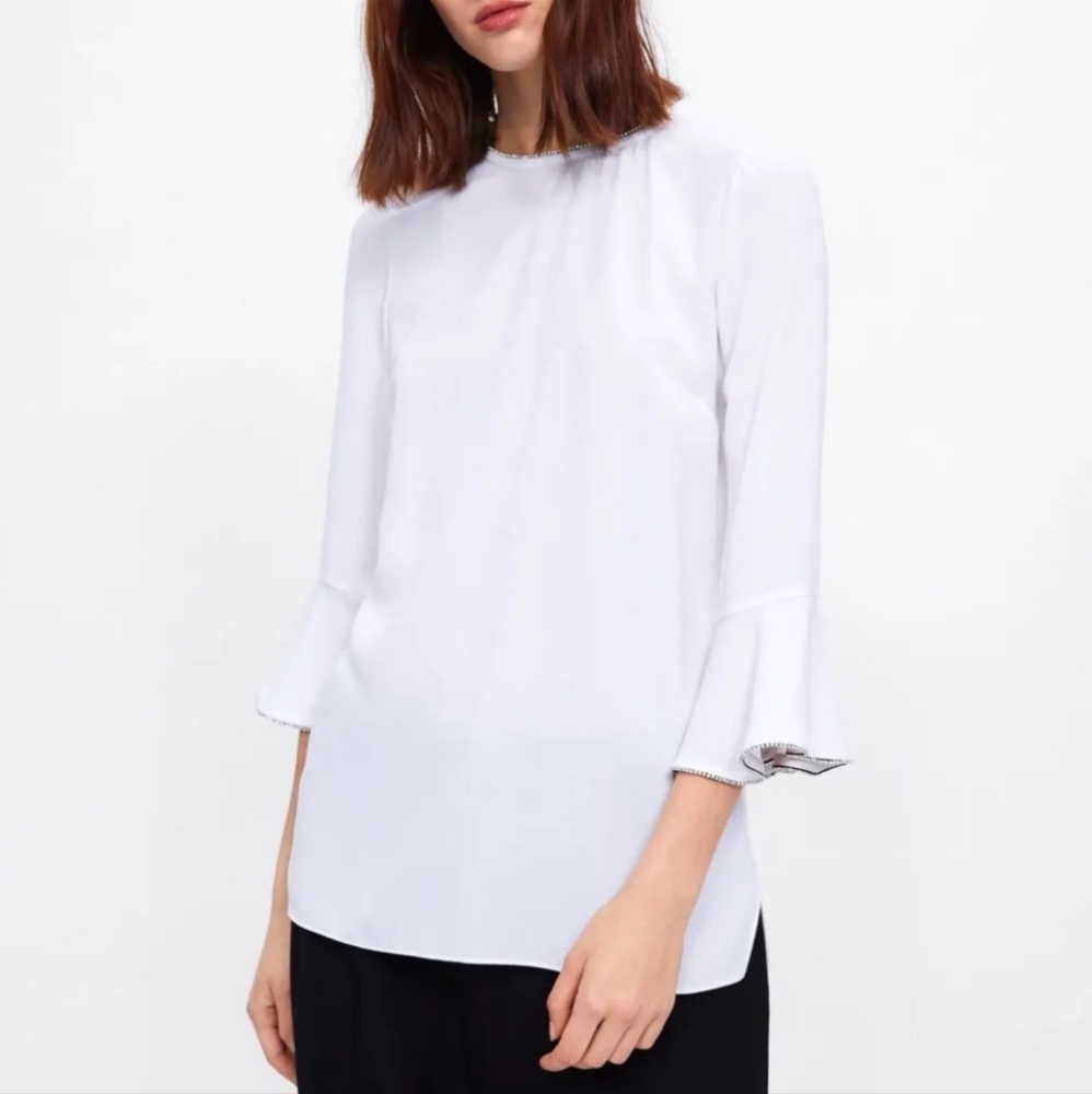 Zara White Top M Medium Flare Sleeve Rhinestones Minimalist Dressy Glam Tunic - Picture 2 of 16
